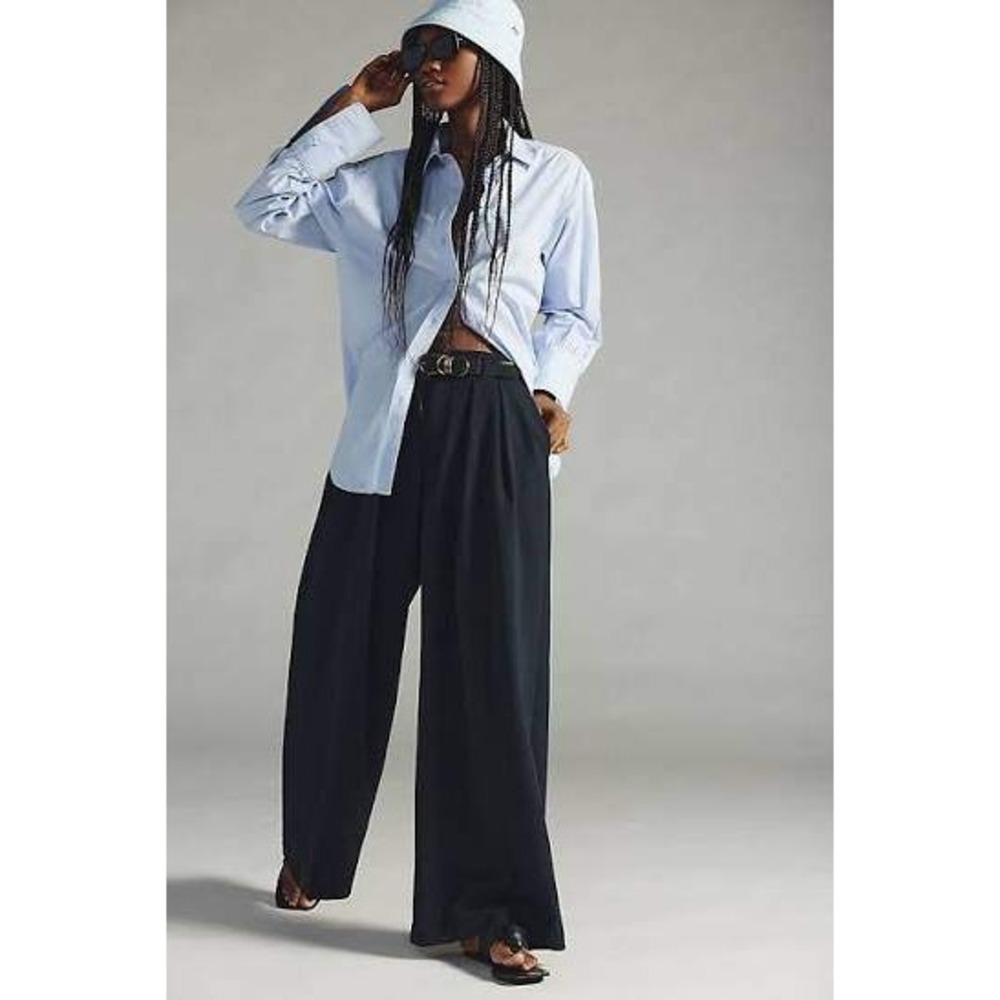 Maeve Anthropologie Pants Womens 6 Navy Blue Pleated Wide Leg Trousers High Rise